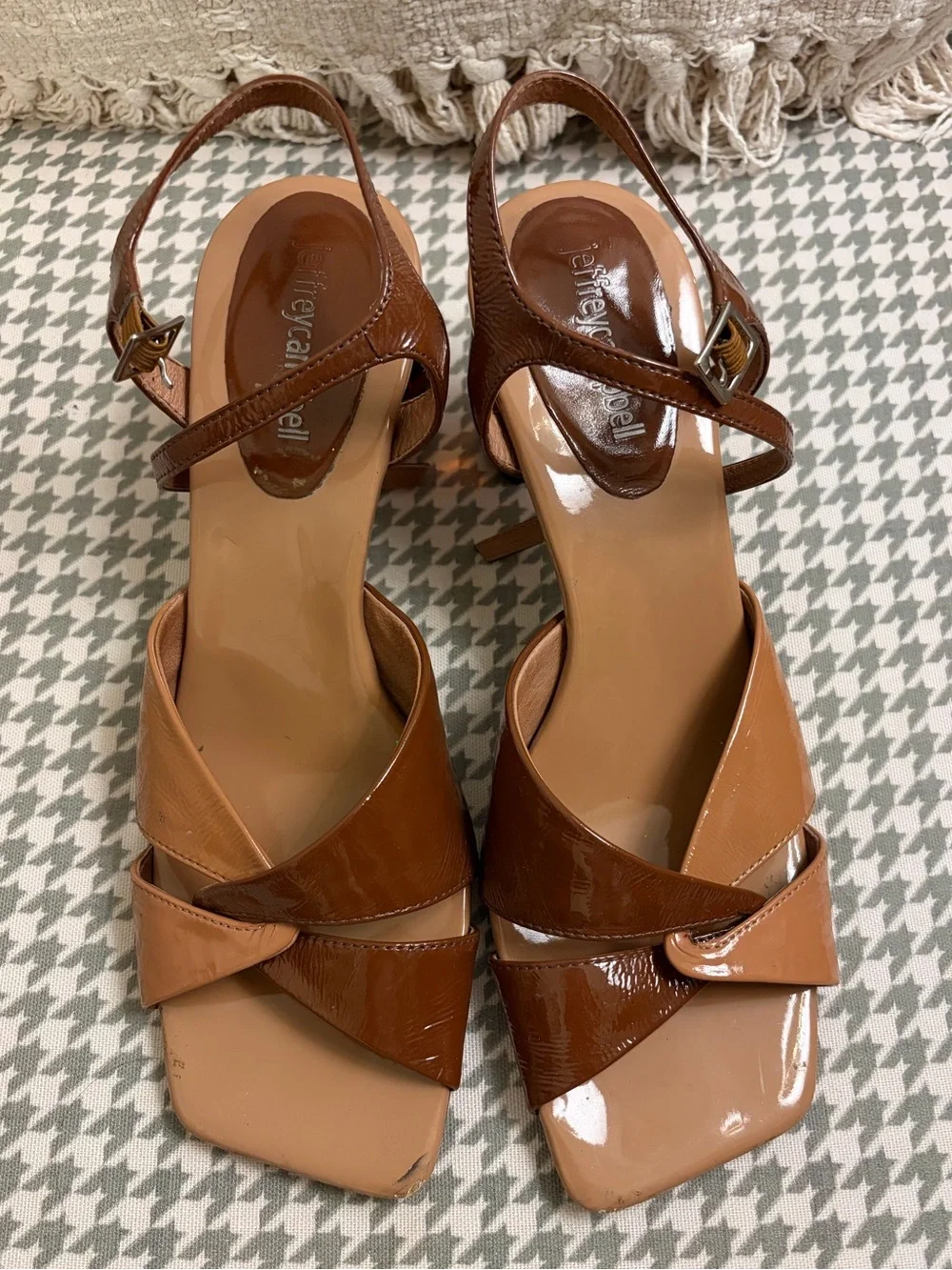 Jeffrey Campbell Two-Tone Brown Patent Knotted Slingback Heels